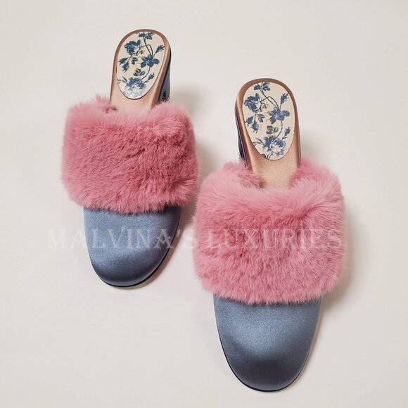 GUCCI SHOES CANDY SATIN AND FAUX FUR MULES CRYSTAL HEEL sz IT 35.5 US 5.5 - Picture 6 of 16